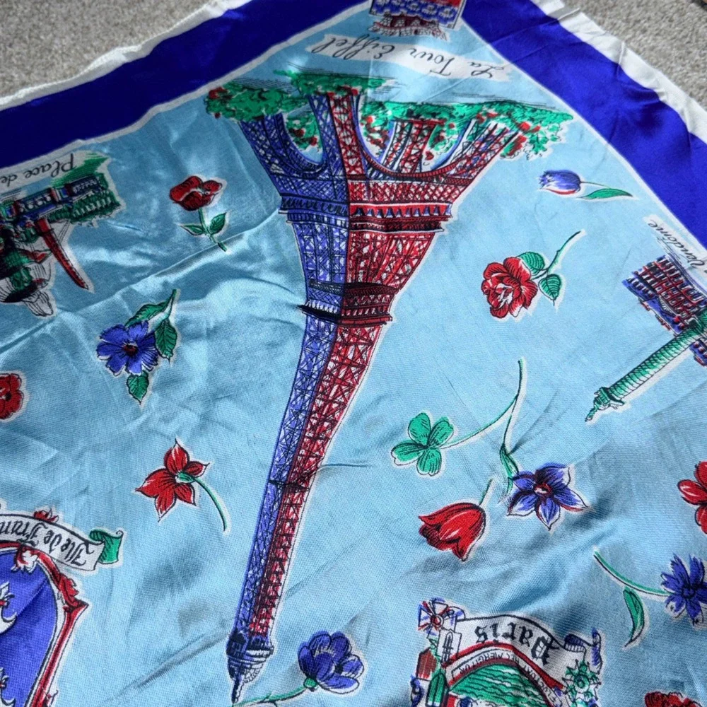 Vintage Souvenir de Paris Scarf Blue Eiffel Tower Notre Dame Landmarks